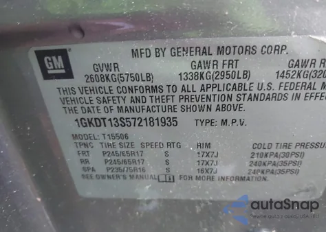 2007 GMC Envoy Sle from USA, damaged, VIN 1GKDT13S572181935